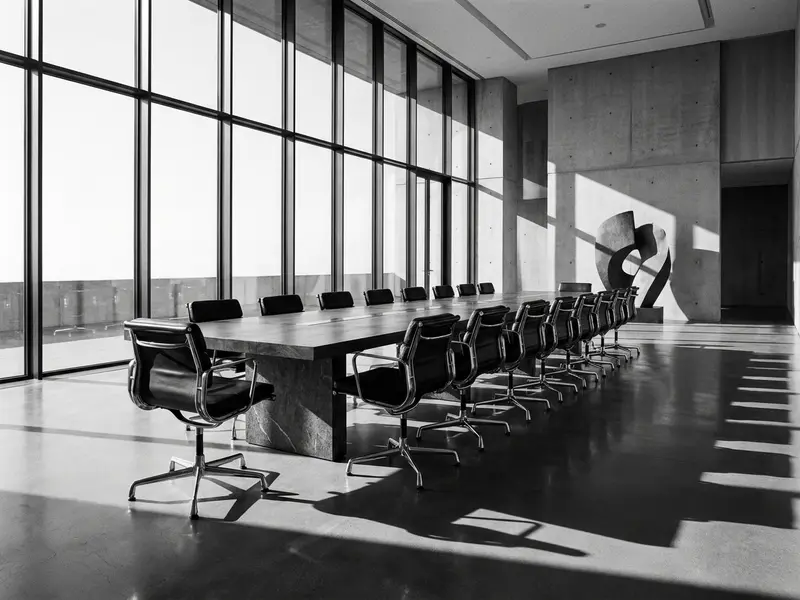 Empty boardroom with a long table and leather chairs